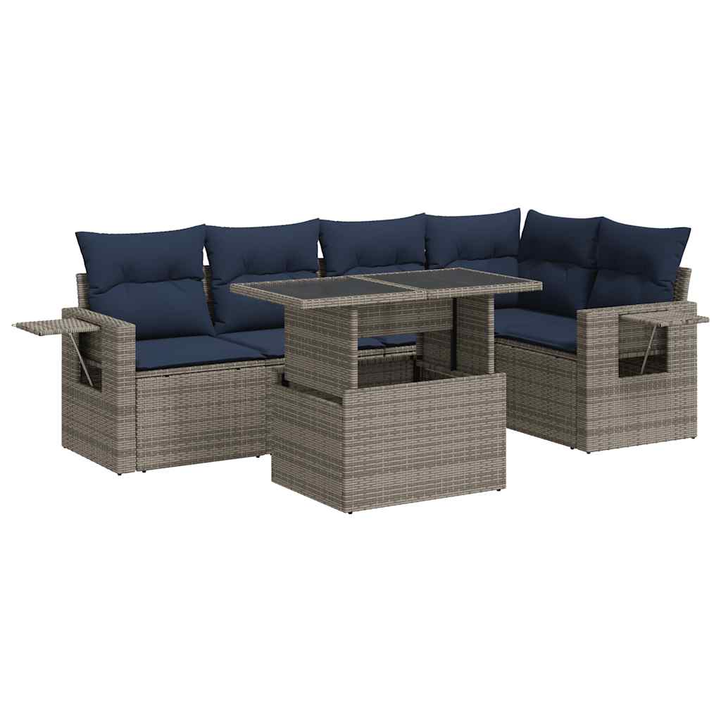 6 Piece Garden Sofa Set with Cushions Grey Poly Rattan Acacia