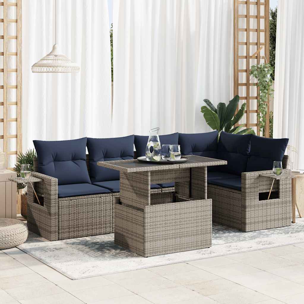 6 Piece Garden Sofa Set with Cushions Grey Poly Rattan Acacia