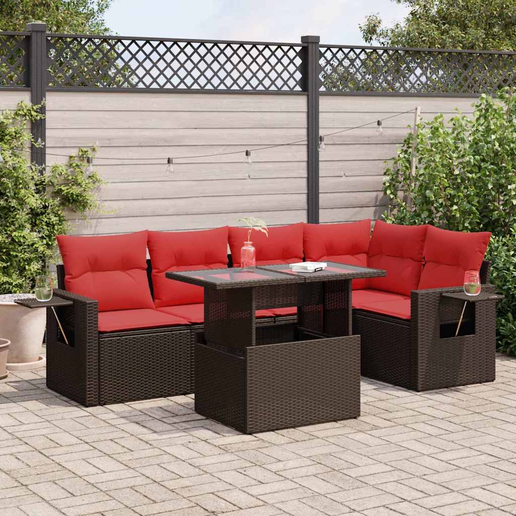 6 Piece Garden Sofa Set with Cushions Brown Poly Rattan Acacia