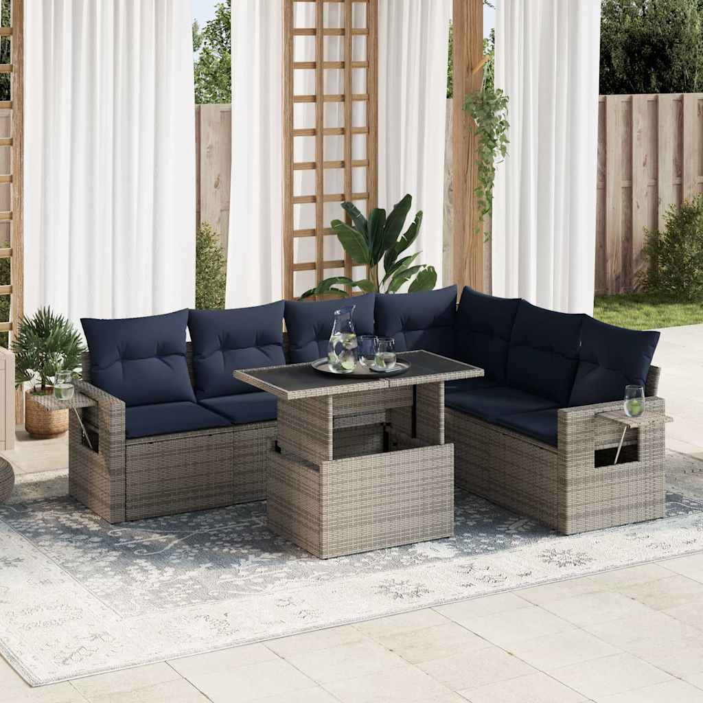 7 Piece Garden Sofa Set with Cushions Grey Poly Rattan