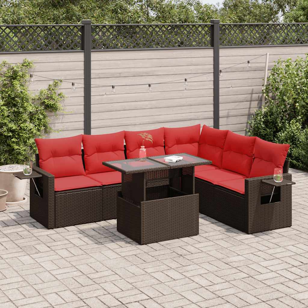 7 Piece Garden Sofa Set with Cushions Brown Poly Rattan Acacia