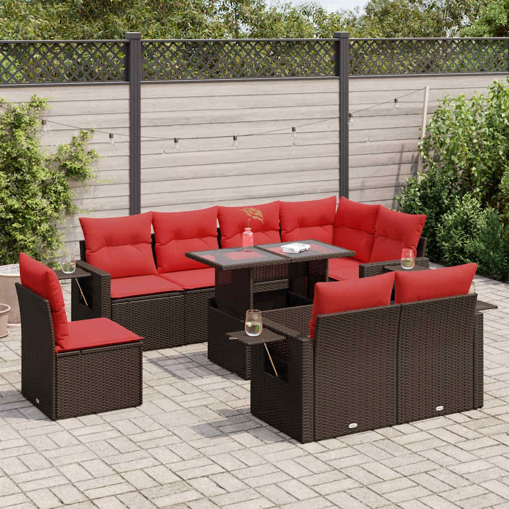 9 Piece Garden Sofa Set with Cushions Brown Poly Rattan Acacia
