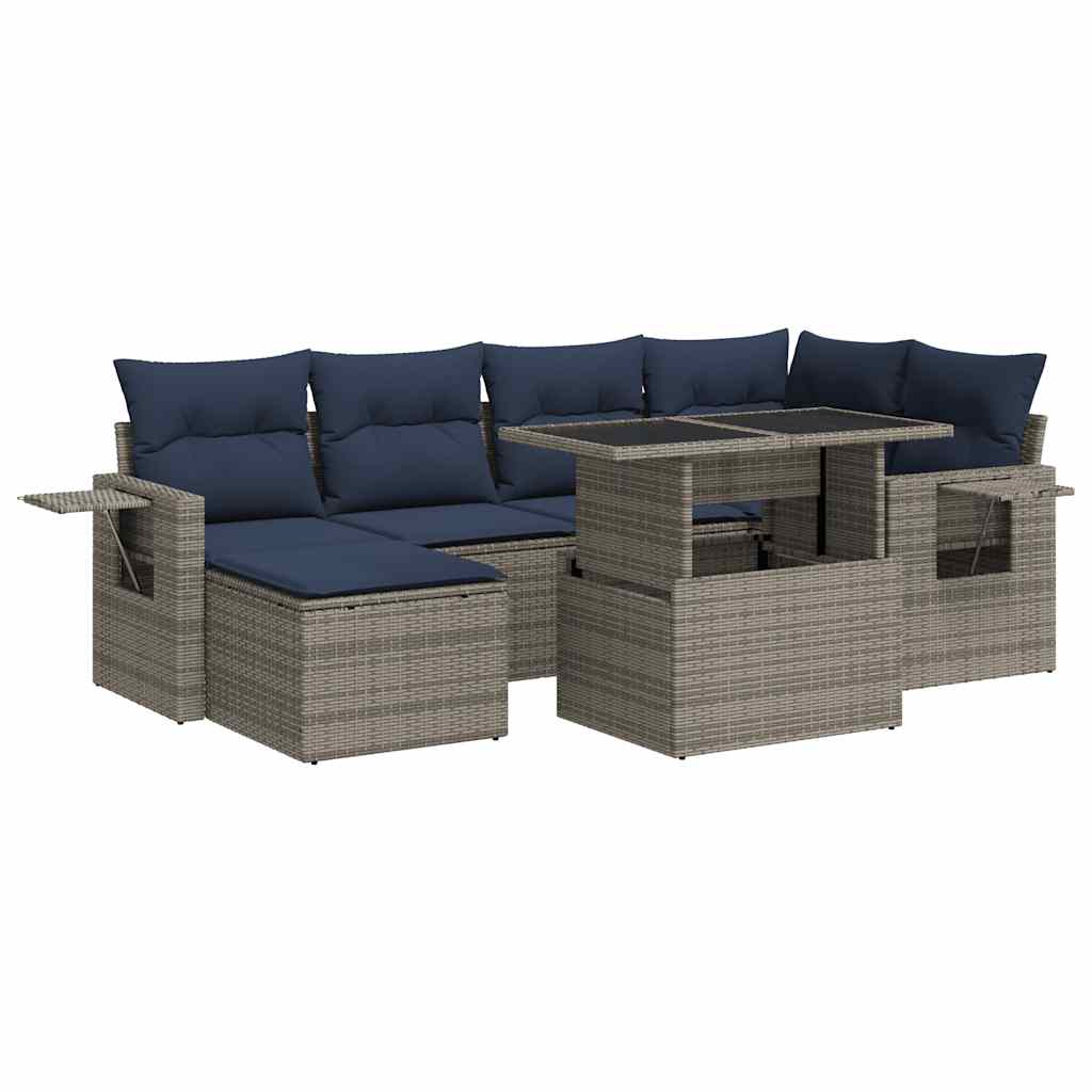 7 Piece Garden Sofa Set with Cushions Grey Poly Rattan Acacia