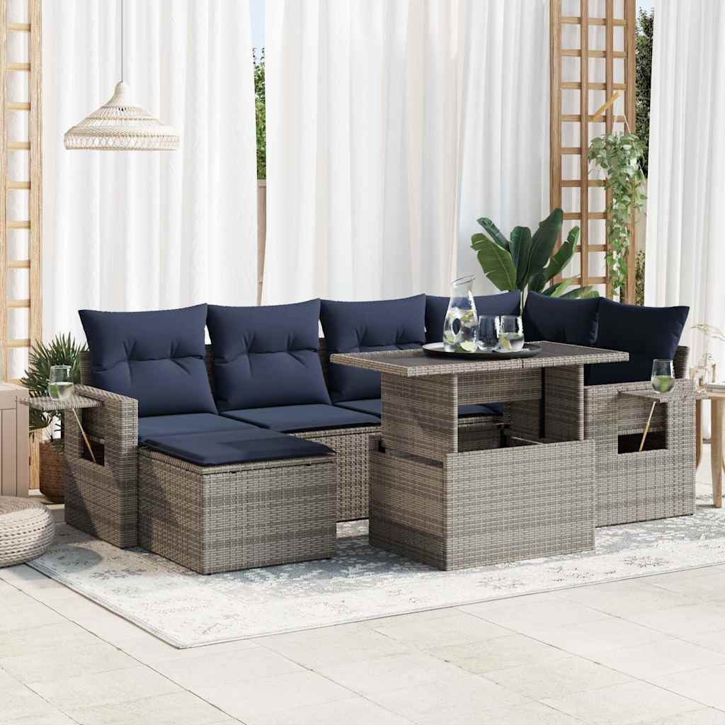 7 Piece Garden Sofa Set with Cushions Grey Poly Rattan Acacia
