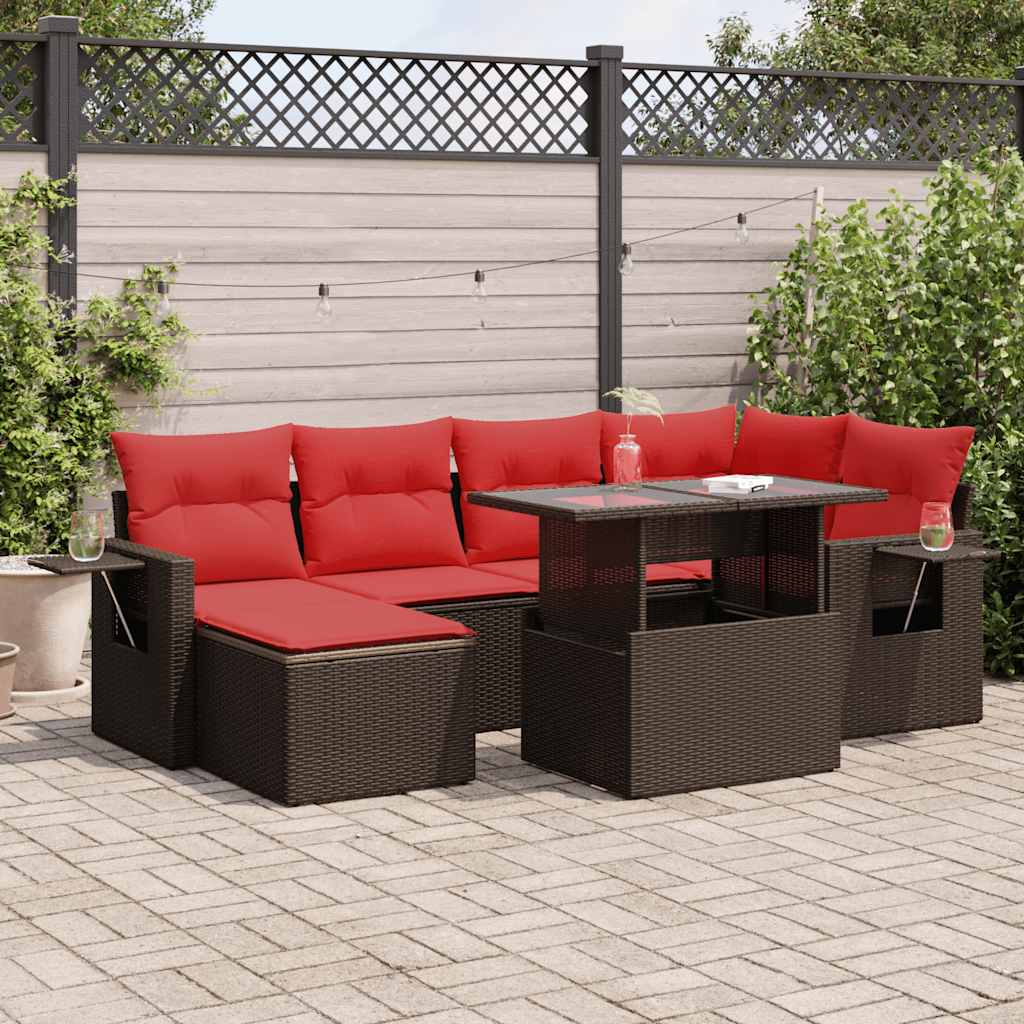 7 Piece Garden Sofa Set with Cushions Brown Poly Rattan Acacia