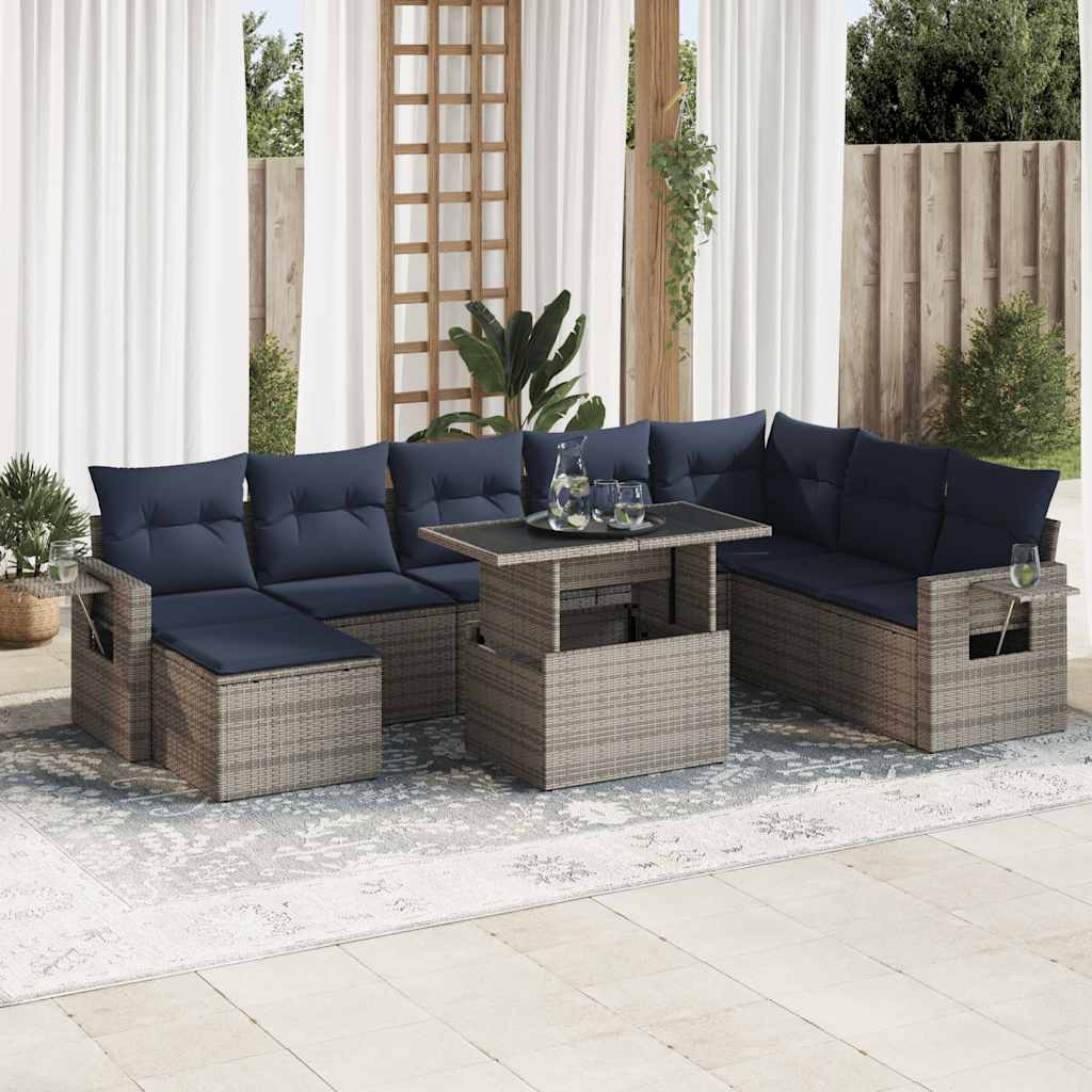 9 Piece Garden Sofa Set with Cushions Grey Poly Rattan Acacia
