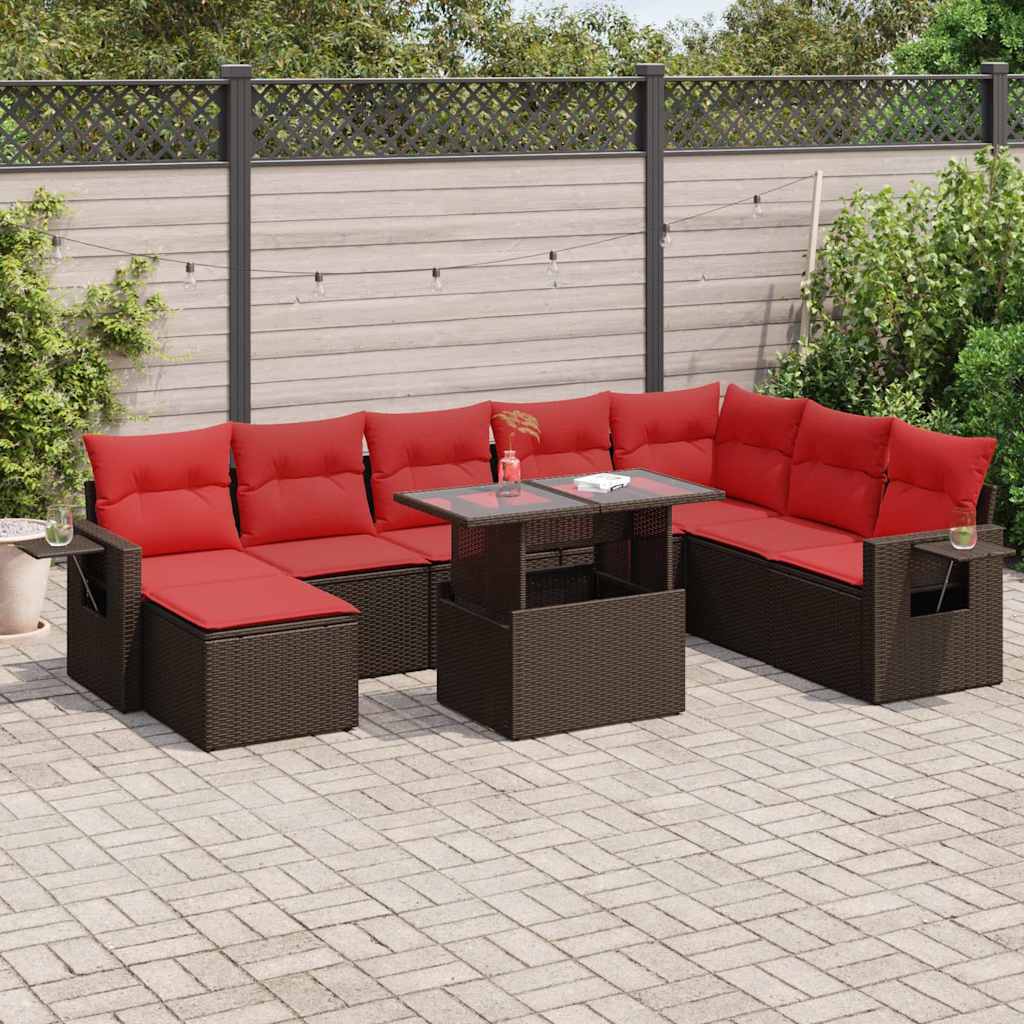 9 Piece Garden Sofa Set with Cushions Brown Poly Rattan Acacia