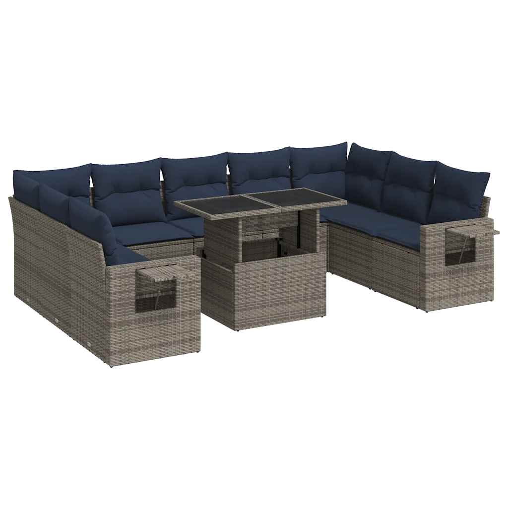 10 Piece Garden Sofa Set with Cushions Grey Poly Rattan Acacia