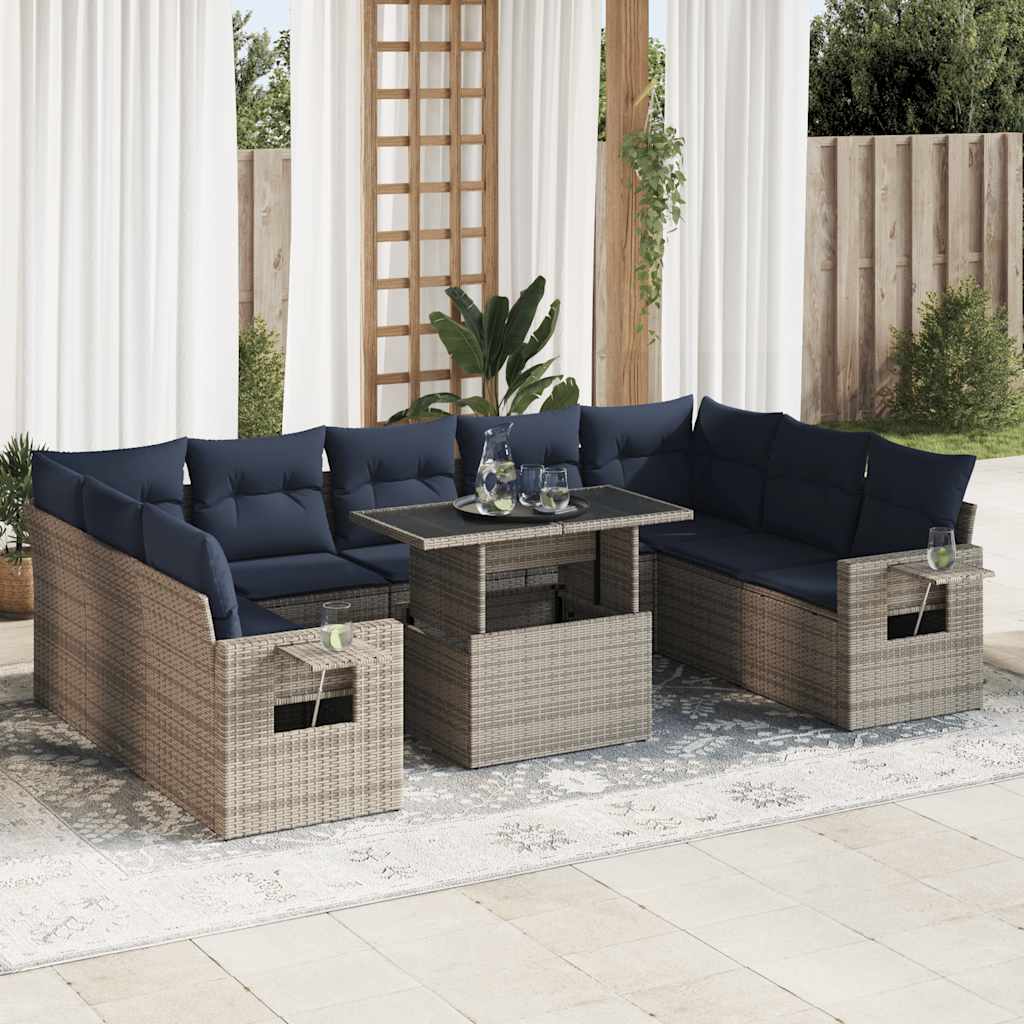 10 Piece Garden Sofa Set with Cushions Grey Poly Rattan Acacia