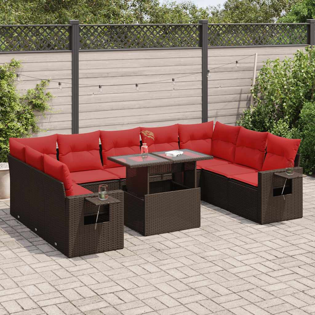 10 Piece Garden Sofa Set with Cushions Brown Poly Rattan Acacia