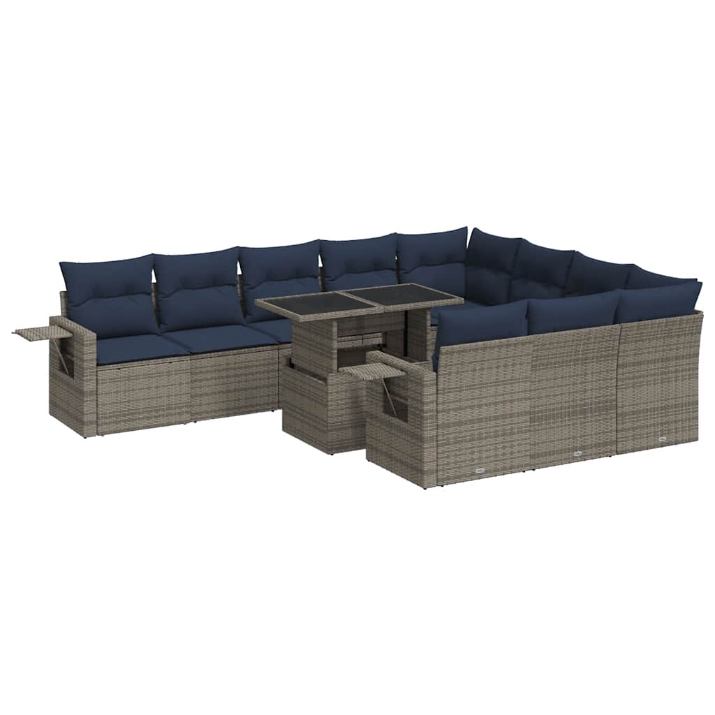 11 Piece Garden Sofa Set with Cushions Grey Poly Rattan Acacia