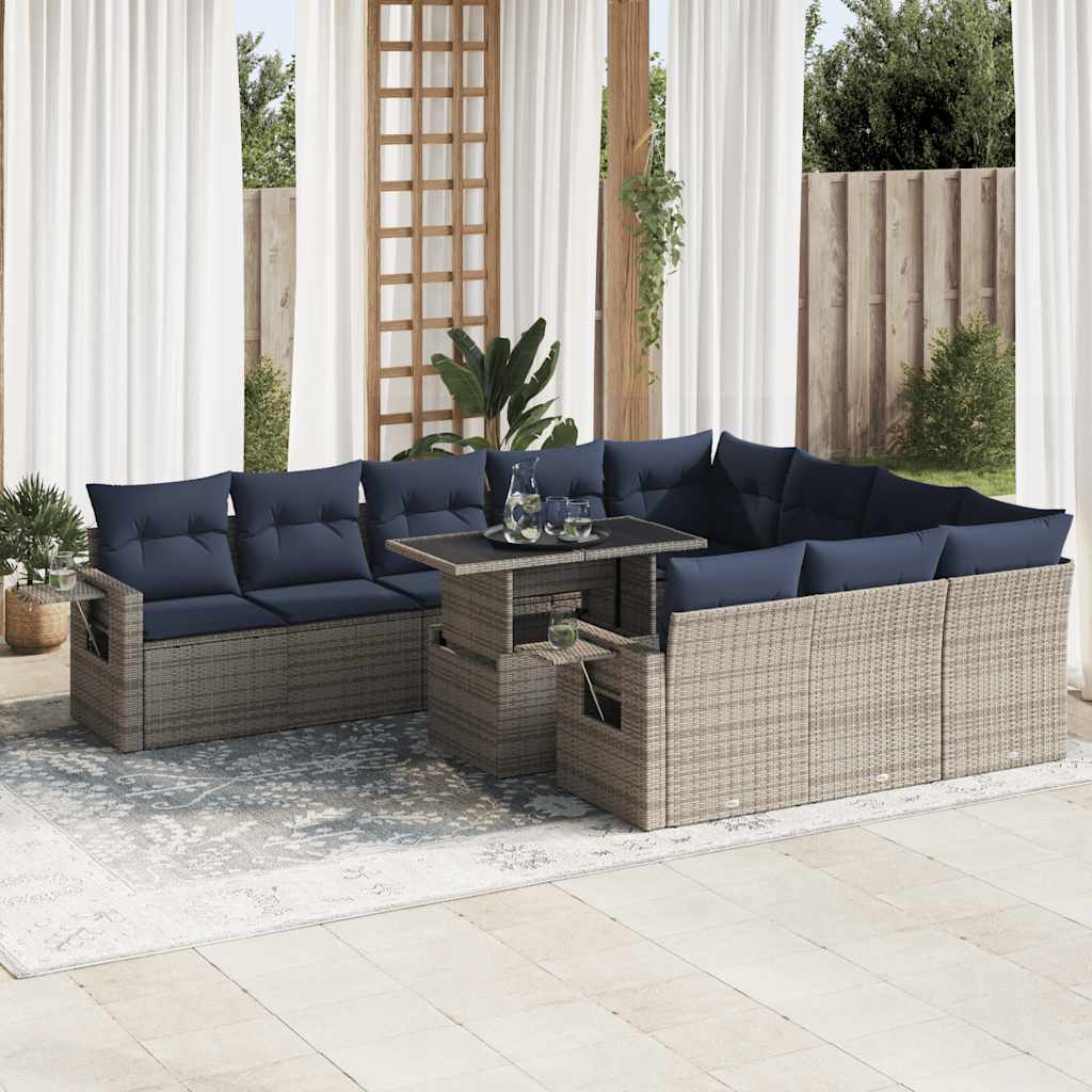 11 Piece Garden Sofa Set with Cushions Grey Poly Rattan Acacia