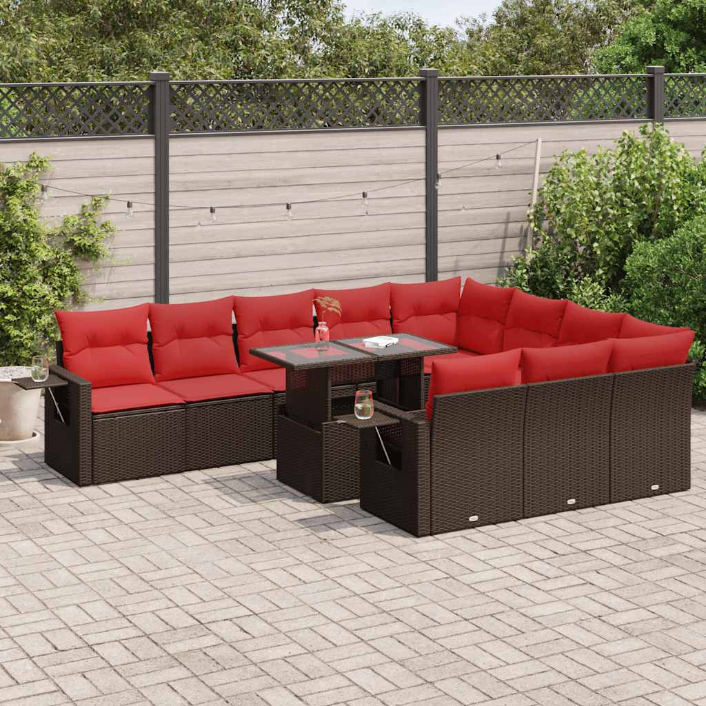 11 Piece Garden Sofa Set with Cushions Brown Poly Rattan Acacia