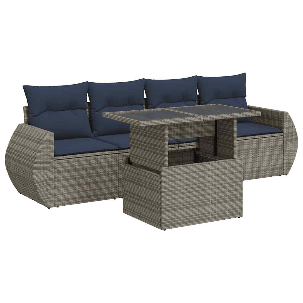5 Piece Garden Sofa Set with Cushions Grey Poly Rattan Acacia