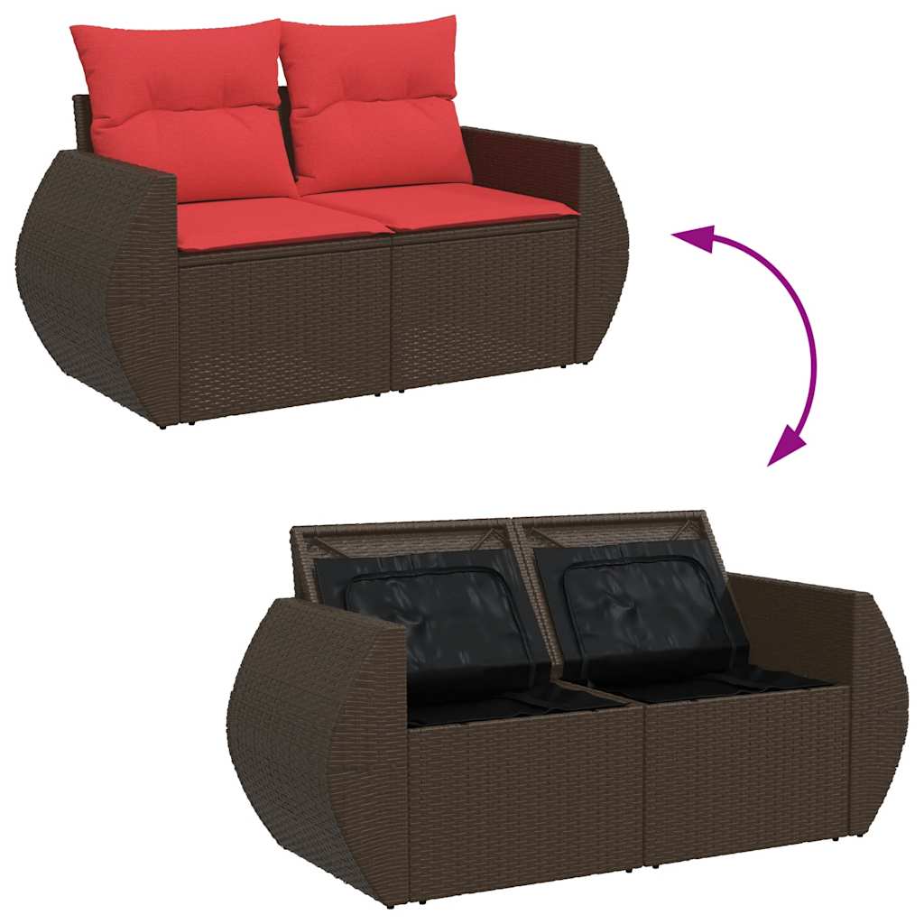 5 Piece Garden Sofa Set with Cushions Brown Poly Rattan Acacia