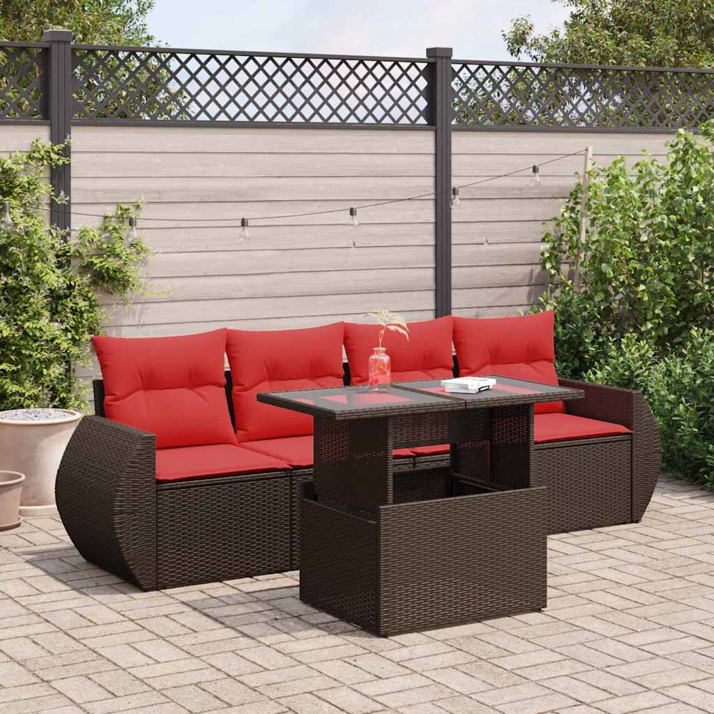 5 Piece Garden Sofa Set with Cushions Brown Poly Rattan Acacia