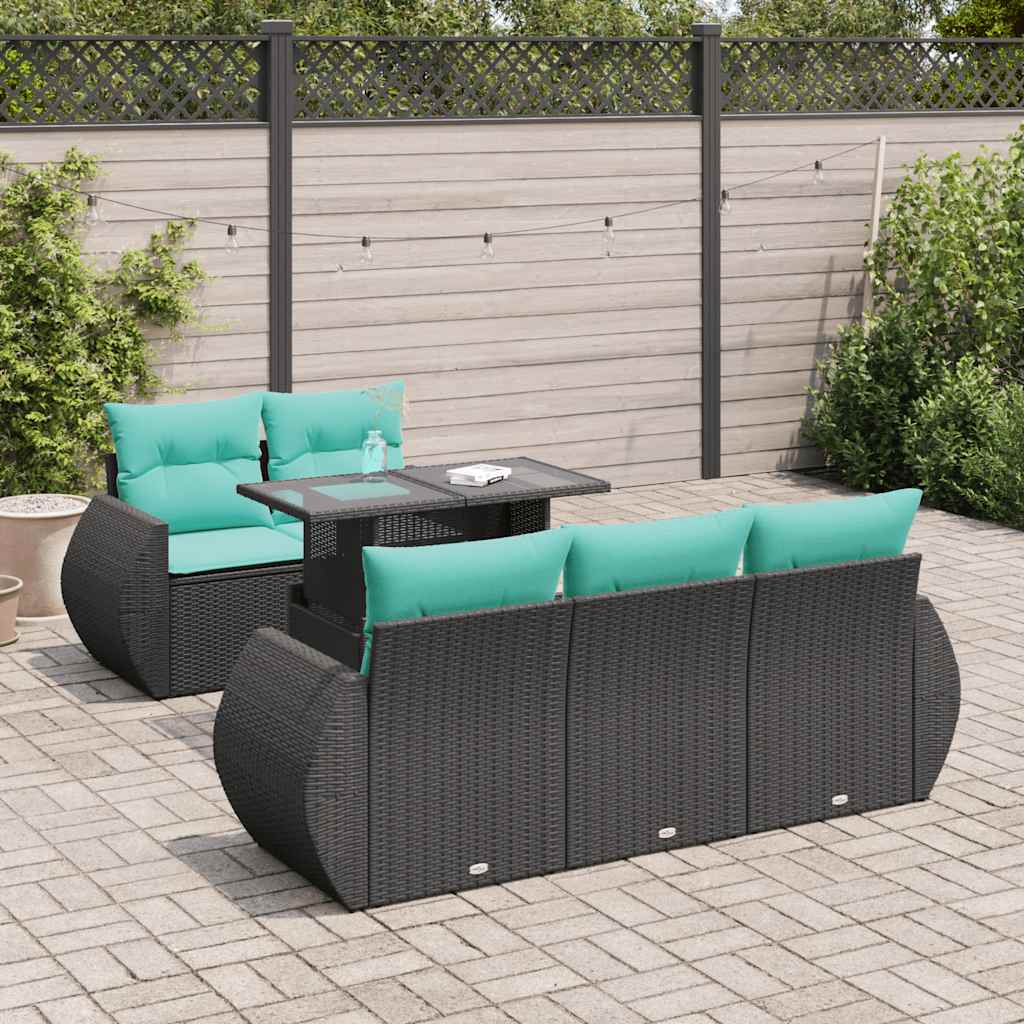 6 Piece Garden Sofa Set with Cushions Black Poly Rattan Acacia