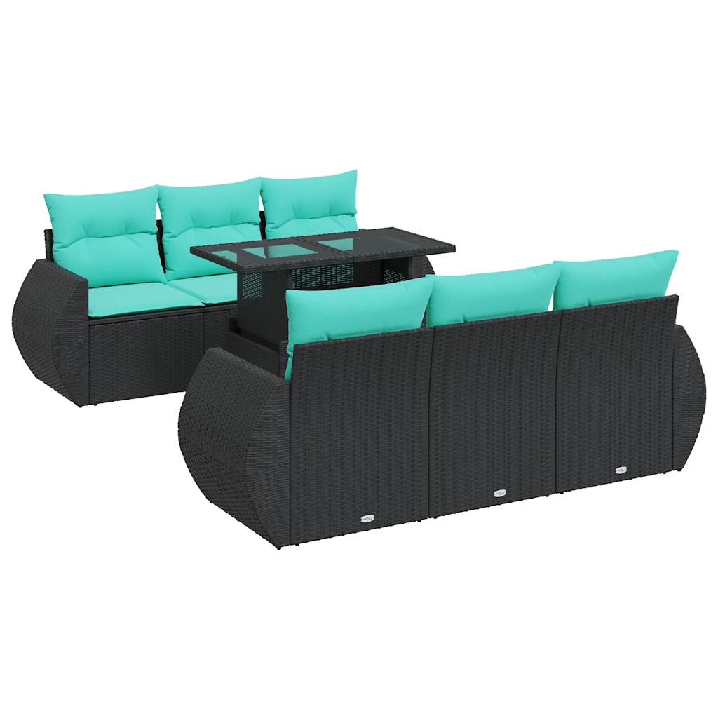 7 Piece Garden Sofa Set with Cushions Black Poly Rattan Acacia