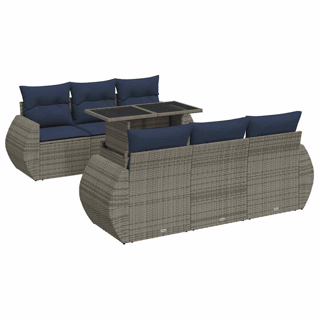 7 Piece Garden Sofa Set with Cushions Grey Poly Rattan Acacia