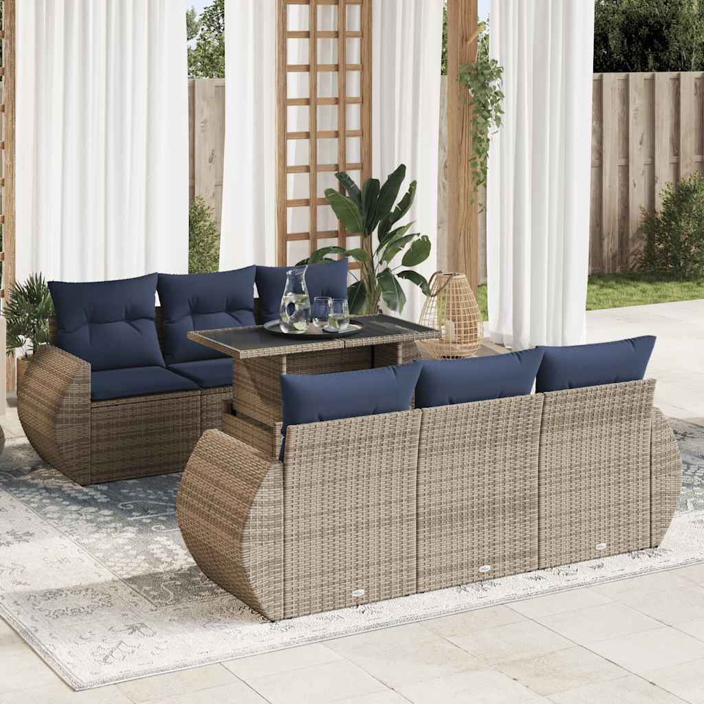 7 Piece Garden Sofa Set with Cushions Grey Poly Rattan Acacia