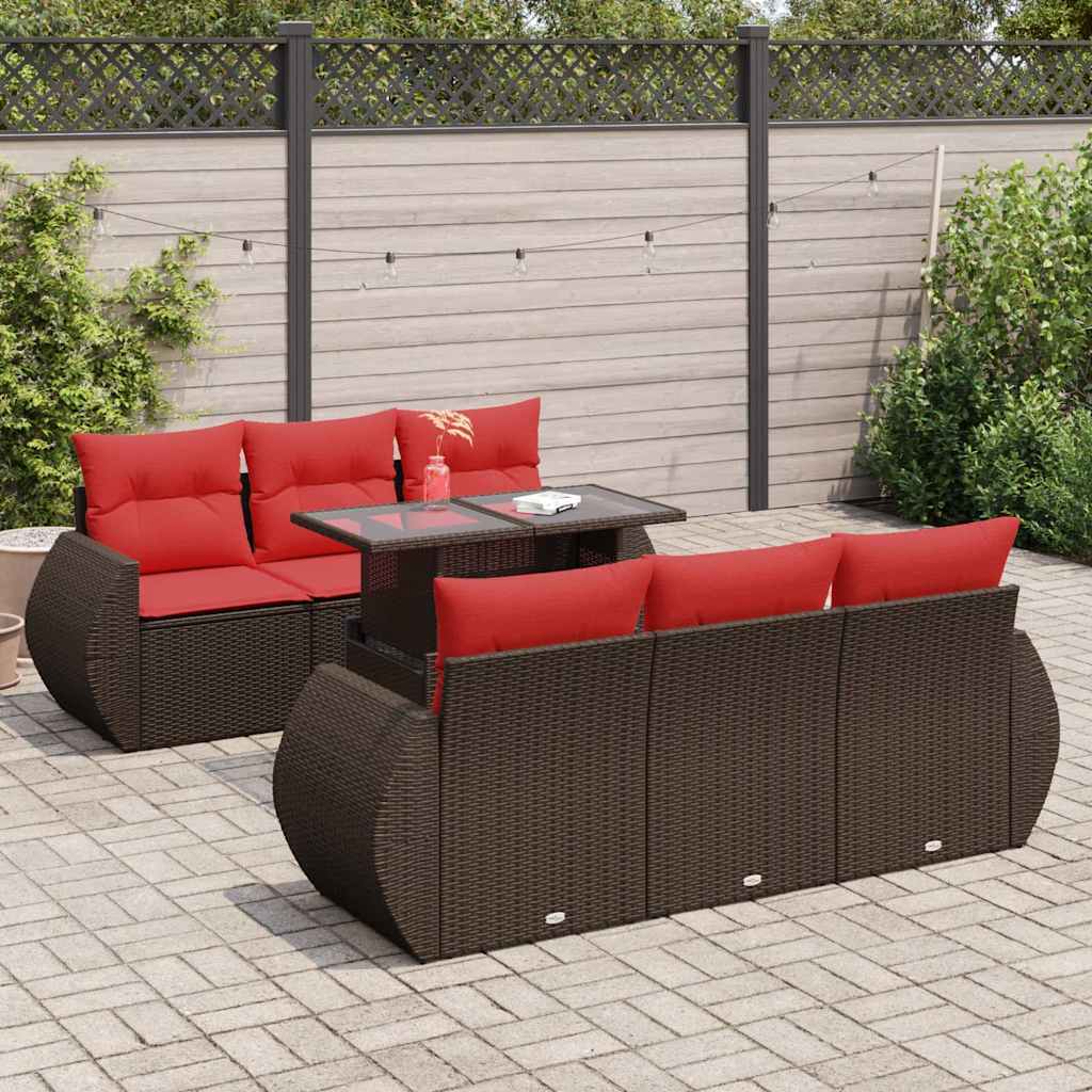 7 Piece Garden Sofa Set with Cushions Brown Poly Rattan Acacia