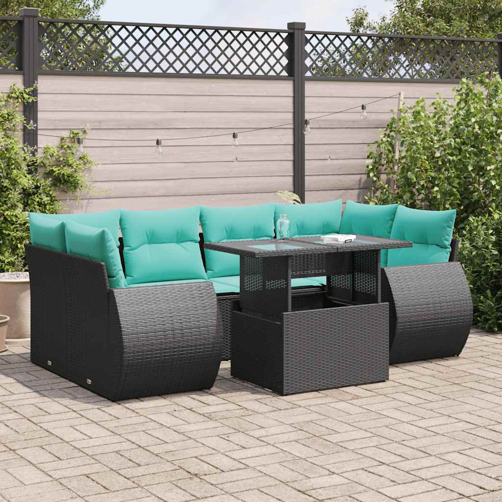 7 Piece Garden Sofa Set with Cushions Black Poly Rattan Acacia