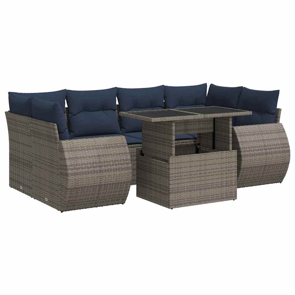 7 Piece Garden Sofa Set with Cushions Grey Poly Rattan Acacia