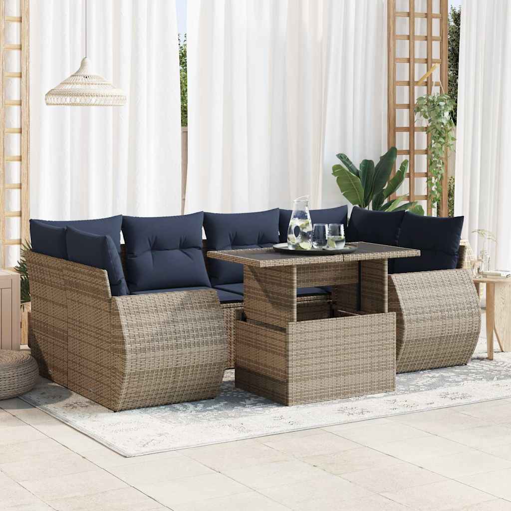 7 Piece Garden Sofa Set with Cushions Grey Poly Rattan Acacia