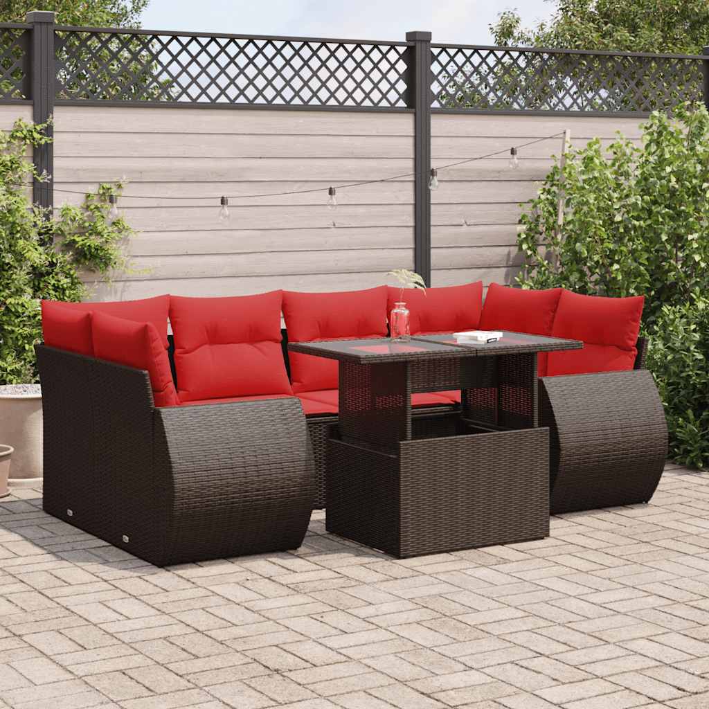 7 Piece Garden Sofa Set with Cushions Brown Poly Rattan Acacia