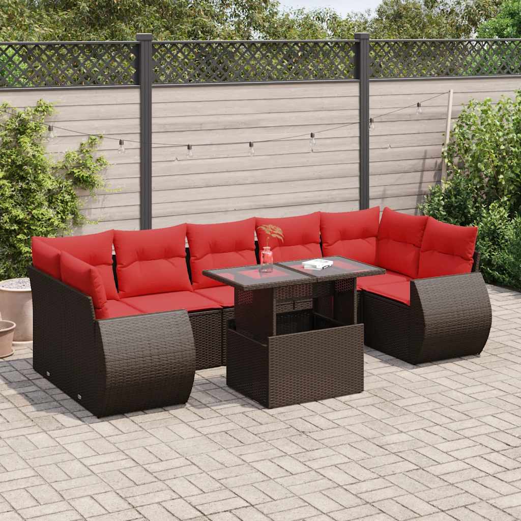 8 Piece Garden Sofa Set with Cushions Brown Poly Rattan Acacia