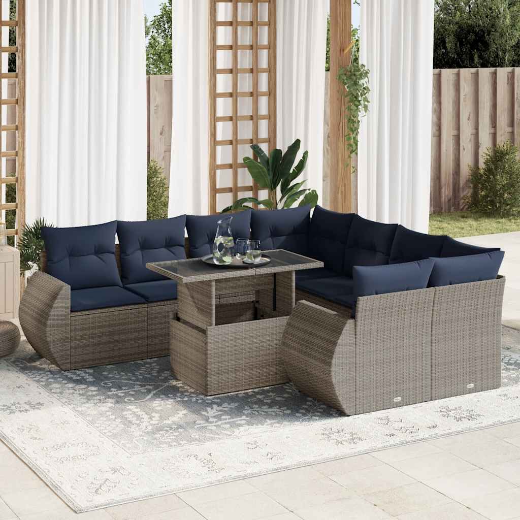 9 Piece Garden Sofa Set with Cushions Grey Poly Rattan Acacia