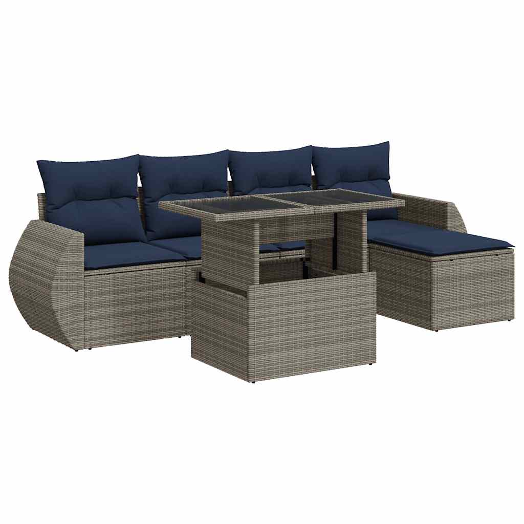 6 Piece Garden Sofa Set with Cushions Grey Poly Rattan Acacia