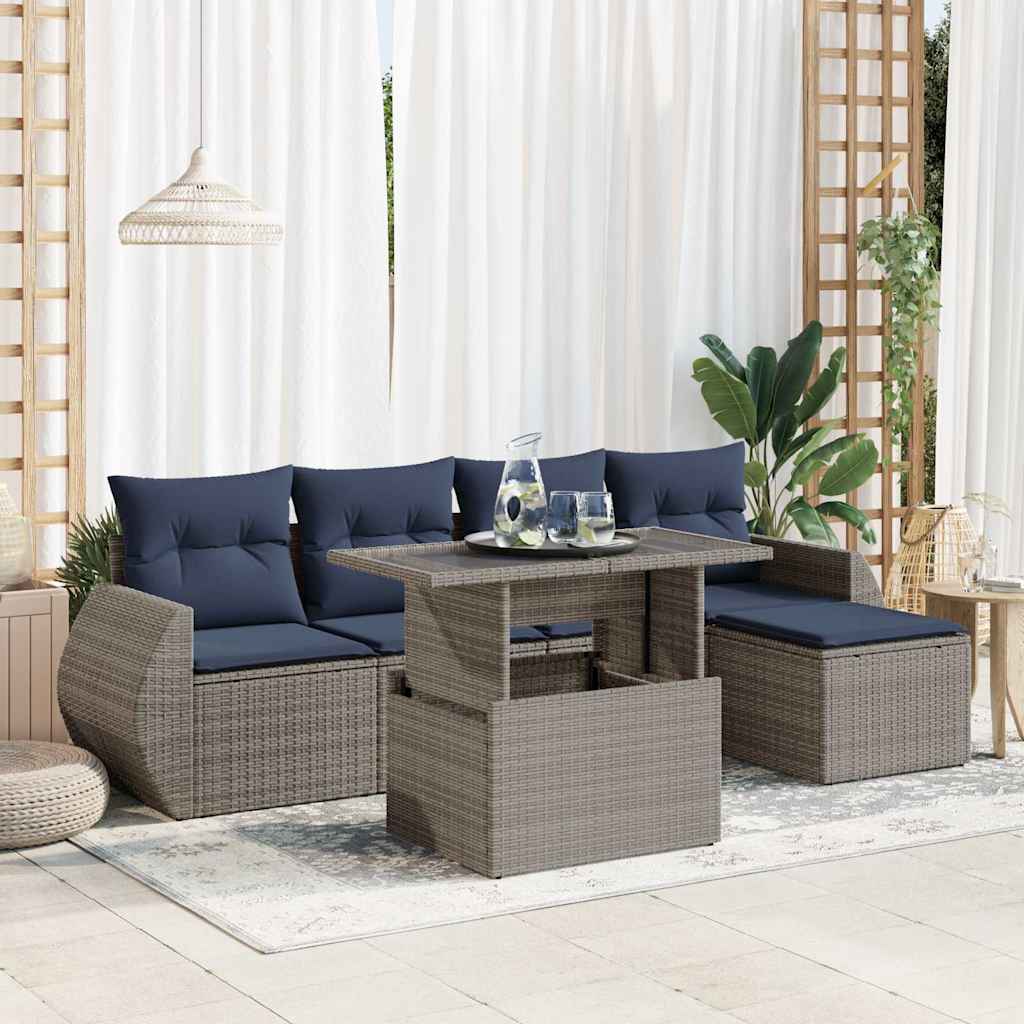 6 Piece Garden Sofa Set with Cushions Grey Poly Rattan Acacia
