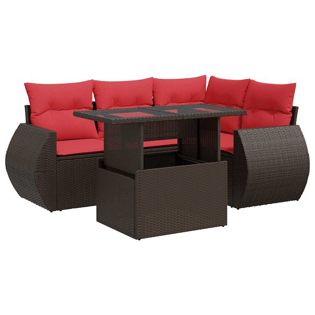 5 Piece Garden Sofa Set with Cushions Brown Poly Rattan Acacia