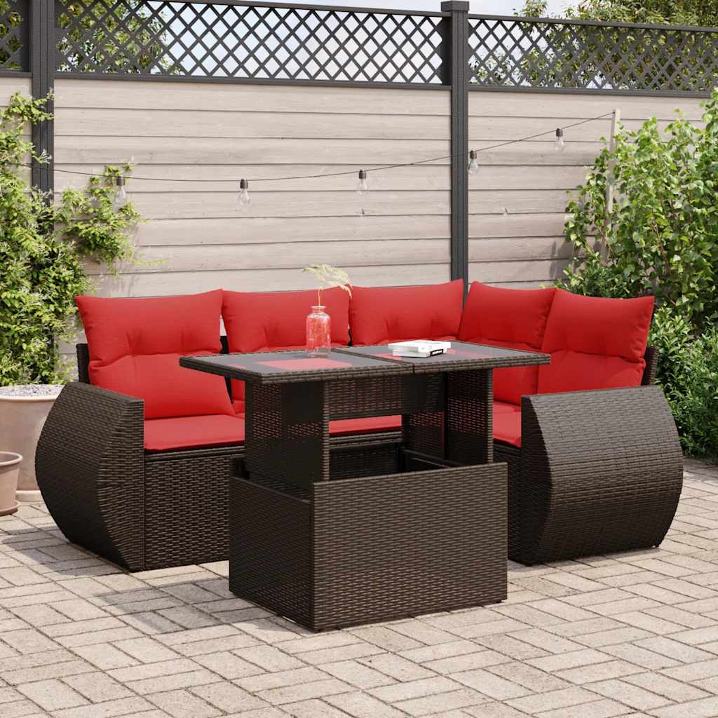 5 Piece Garden Sofa Set with Cushions Brown Poly Rattan Acacia