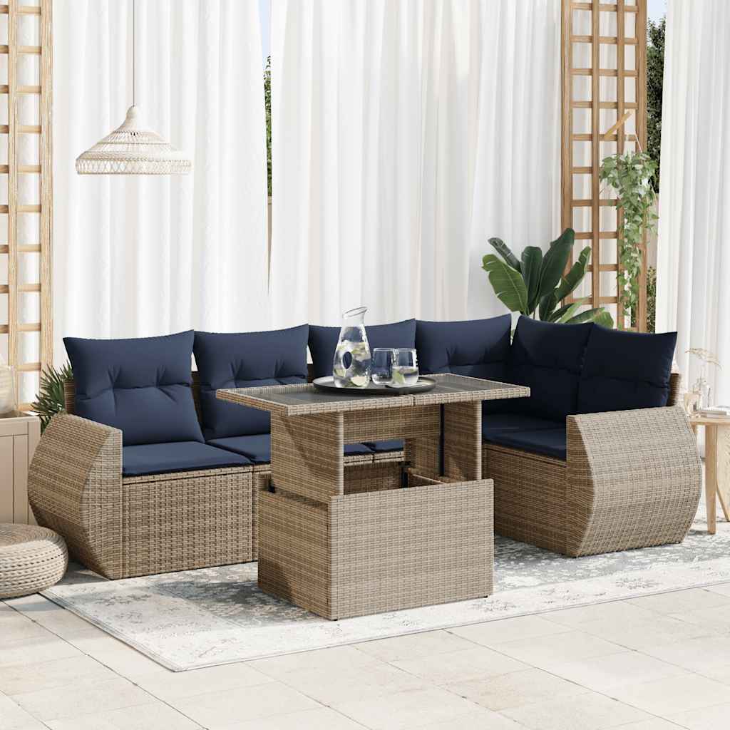 6 Piece Garden Sofa Set with Cushions Grey Poly Rattan Acacia