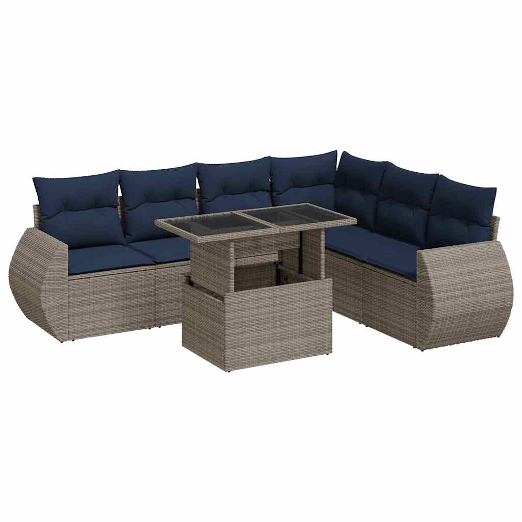 7 Piece Garden Sofa Set with Cushions Grey Poly Rattan Acacia