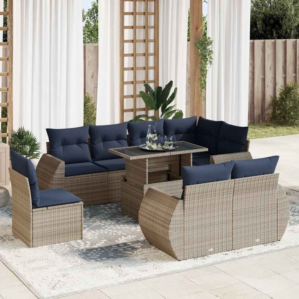 9 Piece Garden Sofa Set with Cushions Grey Poly Rattan Acacia