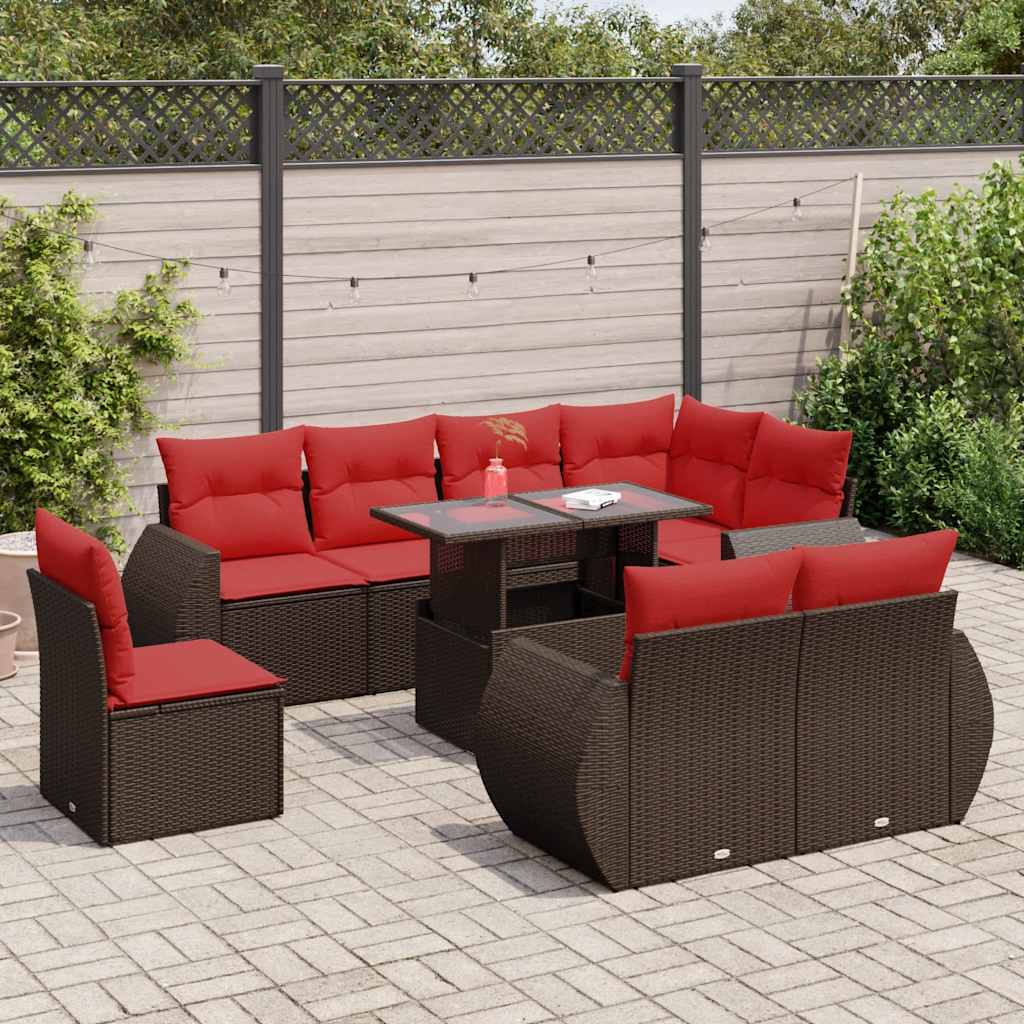 9 Piece Garden Sofa Set with Cushions Brown Poly Rattan Acacia