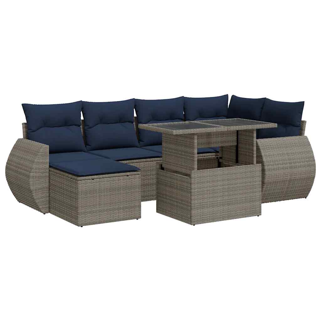 7 Piece Garden Sofa Set with Cushions Grey Poly Rattan Acacia
