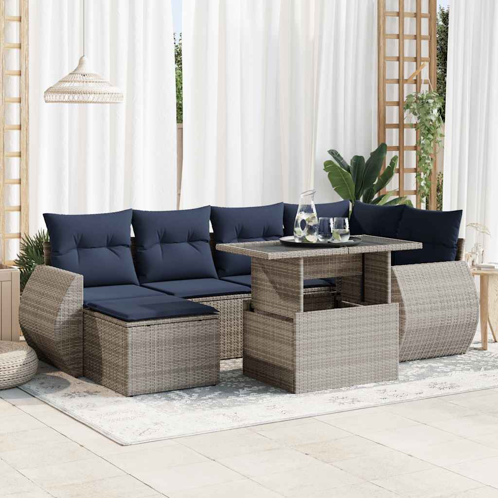 7 Piece Garden Sofa Set with Cushions Grey Poly Rattan Acacia