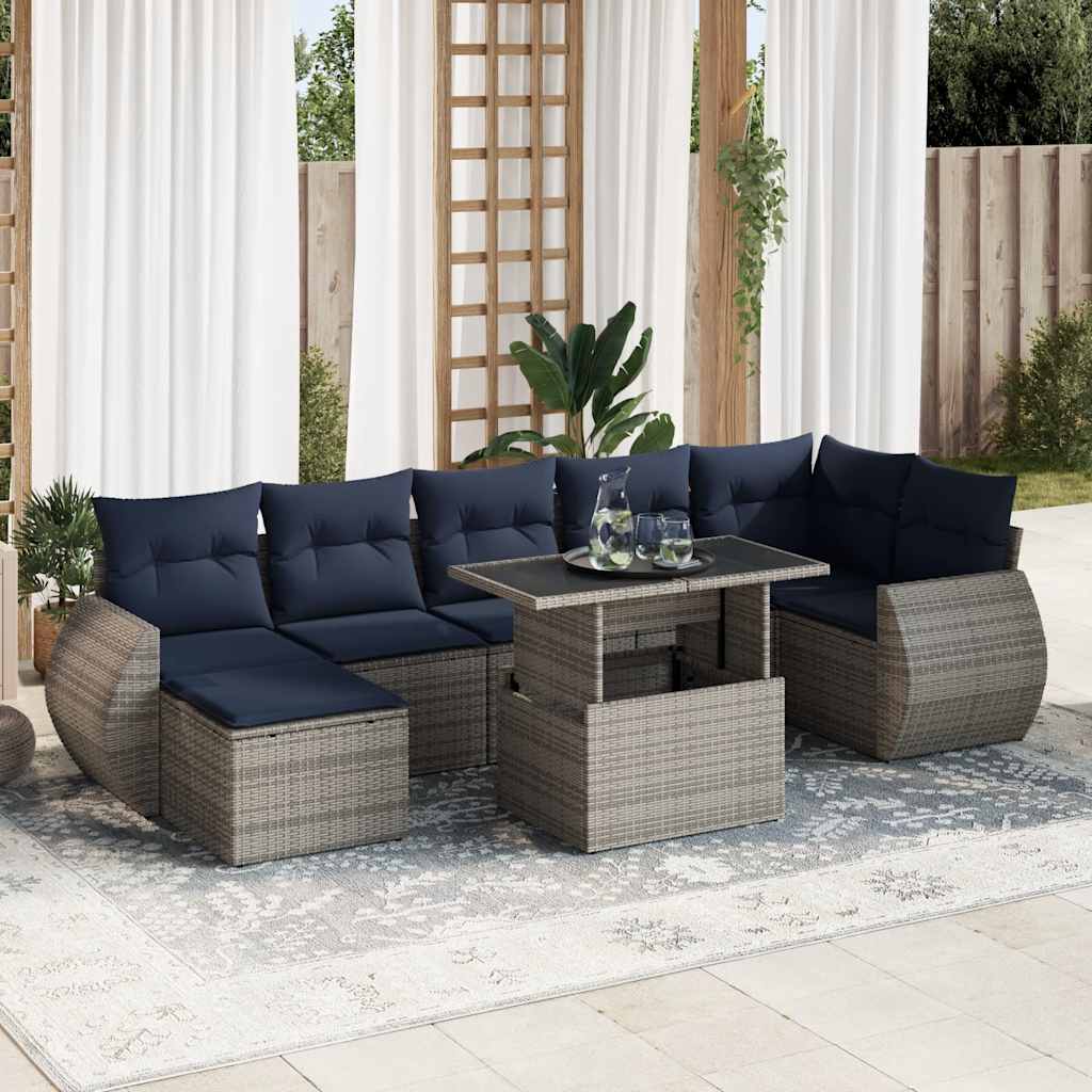 8 Piece Garden Sofa Set with Cushions Grey Poly Rattan Acacia