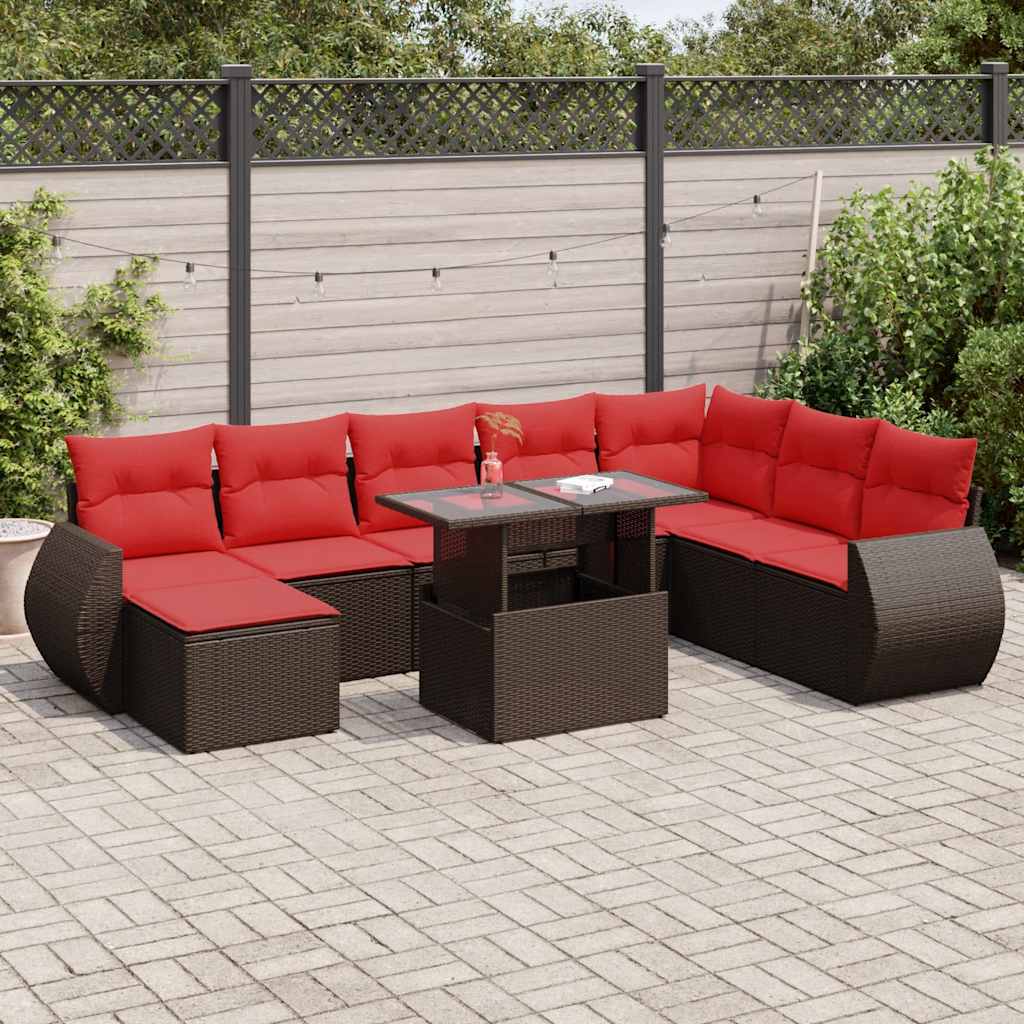 9 Piece Garden Sofa Set with Cushions Brown Poly Rattan Acacia