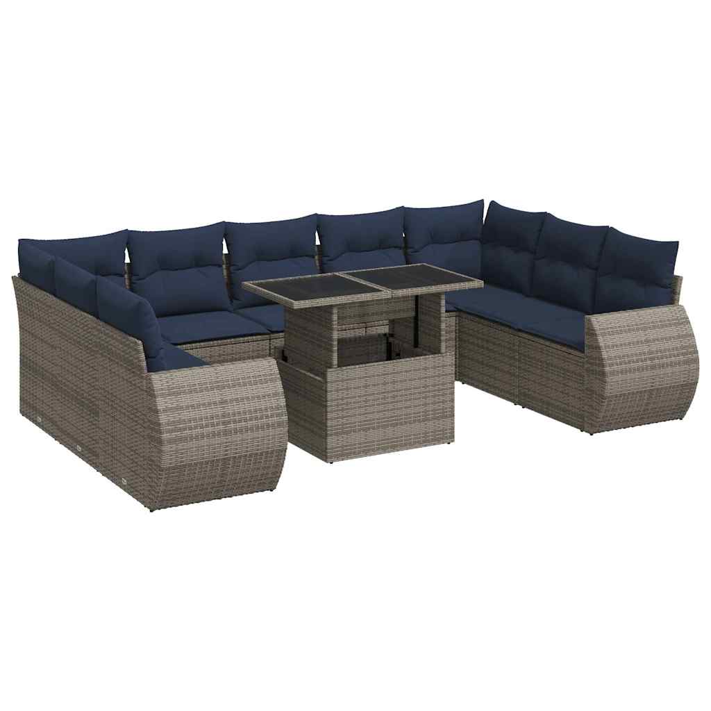 10 Piece Garden Sofa Set with Cushions Grey Poly Rattan Acacia