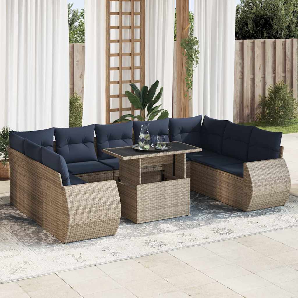 10 Piece Garden Sofa Set with Cushions Grey Poly Rattan Acacia