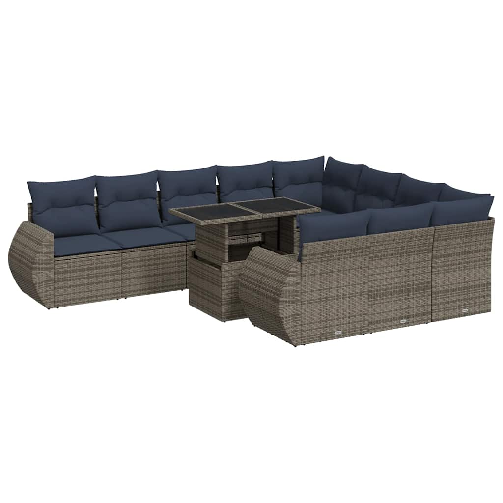 11 Piece Garden Sofa Set with Cushions Grey Poly Rattan Acacia