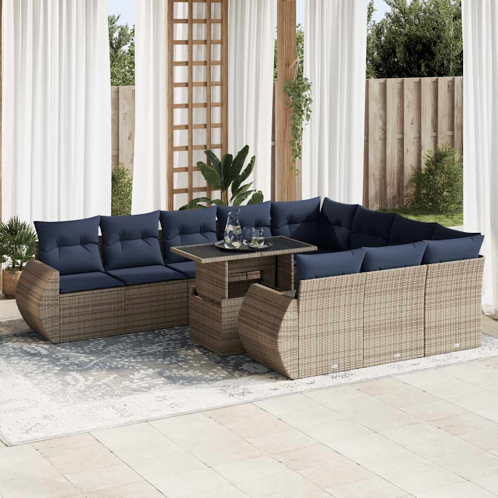 11 Piece Garden Sofa Set with Cushions Grey Poly Rattan Acacia