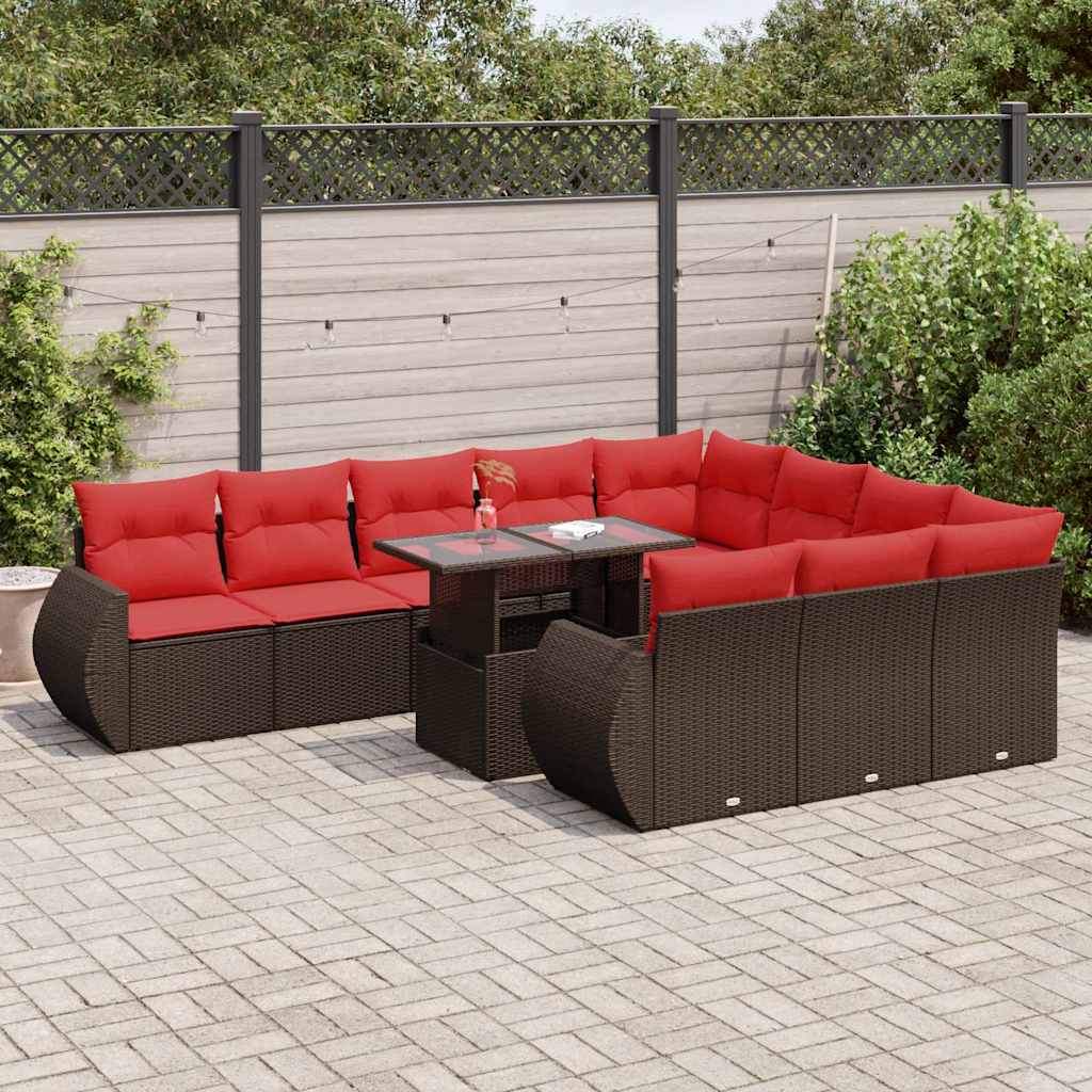 11 Piece Garden Sofa Set with Cushions Brown Poly Rattan Acacia
