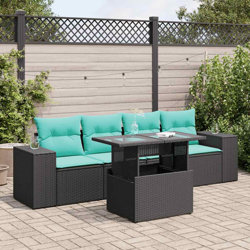 5 Piece Garden Sofa Set with Cushions Black Poly Rattan Acacia