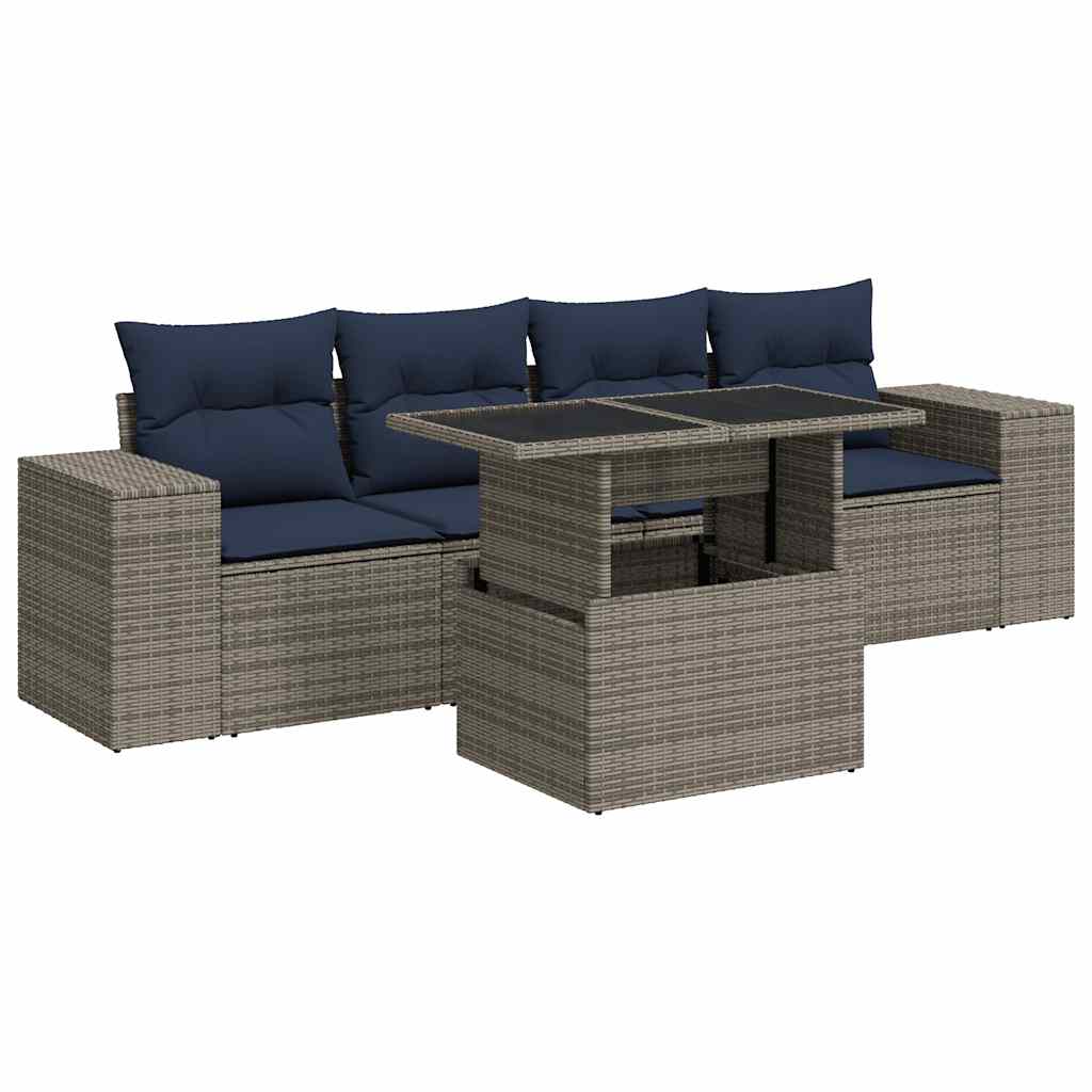 5 Piece Garden Sofa Set with Cushions Grey Poly Rattan Acacia